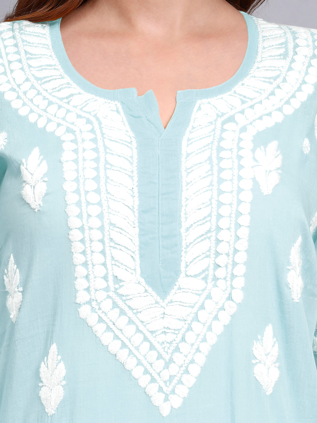Women Hand Embroidered Chikankari Mulmul Kurti -AL3723 Seagreen
