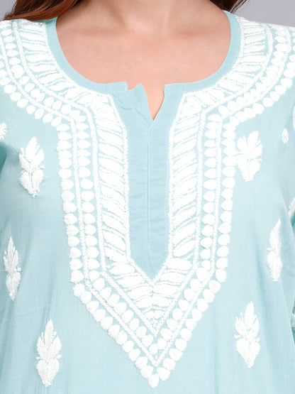 Women Hand Embroidered Chikankari Mulmul Kurti -AL3723 Seagreen
