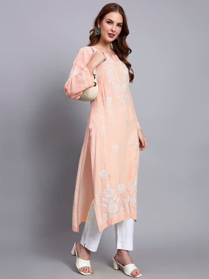 Hand Embroidered Chikankari Modal Straight Kurta-AL3683 Peach