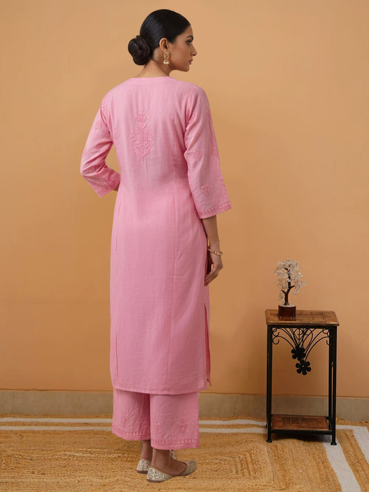 Women Hand Embroidered Chikankari Muslin Kurta Set-AL4104KS Peach