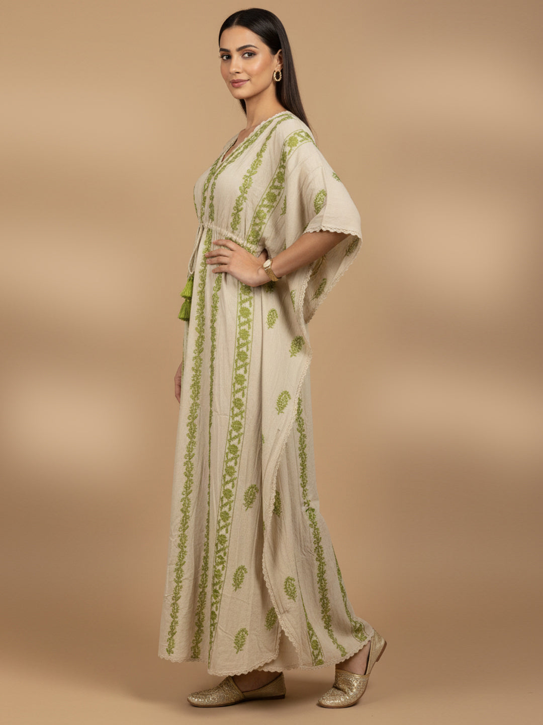 Hand Embroidered Chikankari Rayon Kaftan-AL3474 Green