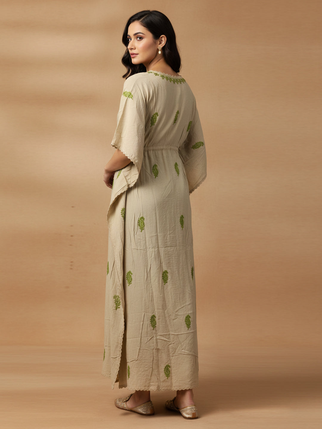 Hand Embroidered Chikankari Rayon Kaftan-AL3474 Green