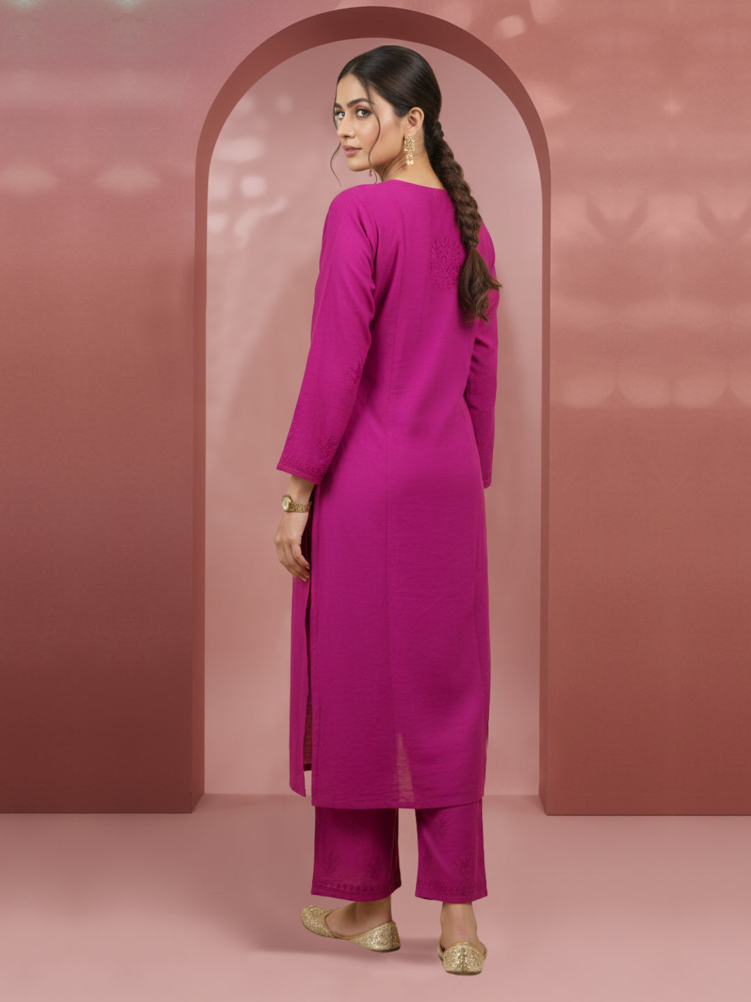 Women Hand Embroidered Chikankari Chanderi Kurta Set-AL4106KS Magenta