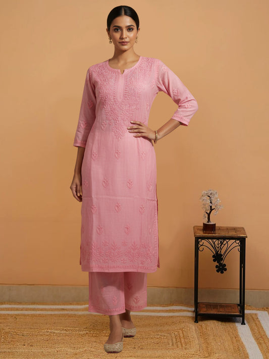 Women Hand Embroidered Chikankari Muslin Kurta Set-AL4104KS Peach