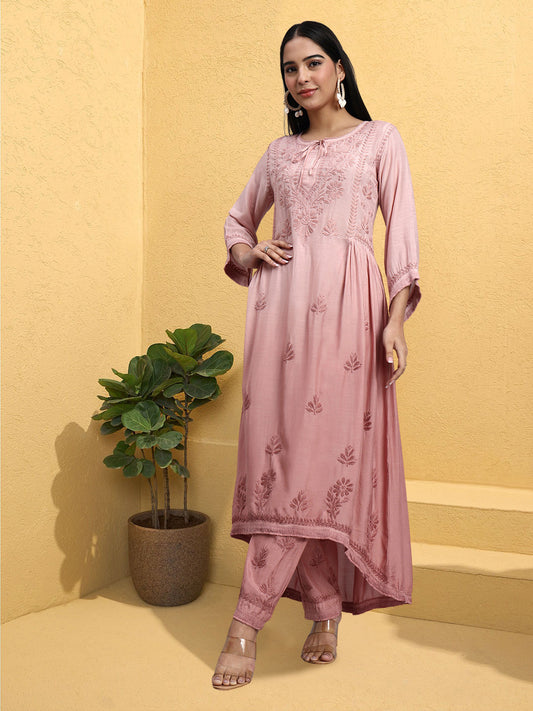 Women Hand Embroidered Chikankari Muslin Kurta Set-AL4101KS Beige