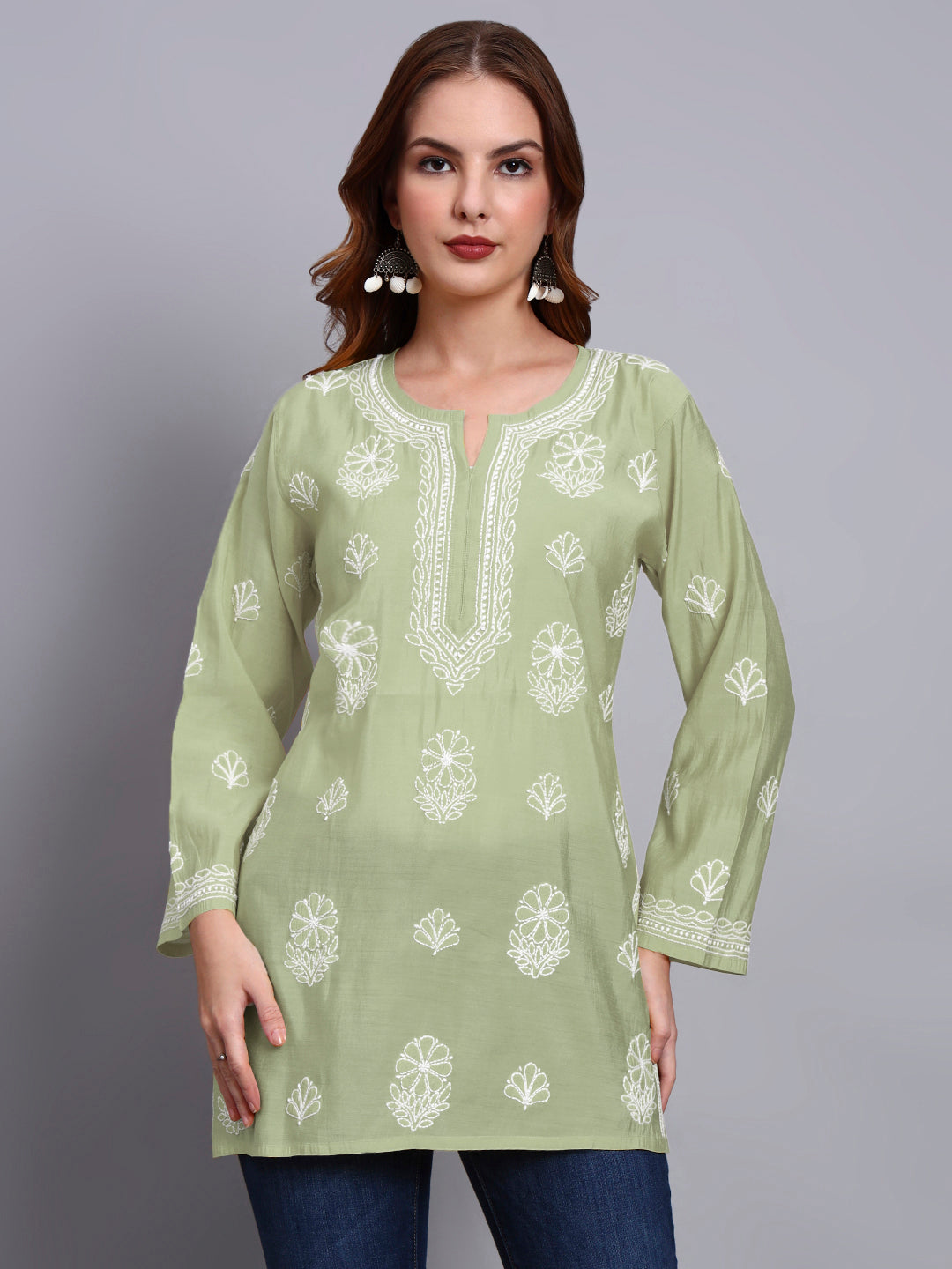 Women Hand Embroidered Chikankari Chanderi Short Kurti-AL4090 Green