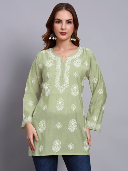 Women Hand Embroidered Chikankari Chanderi Short Kurti-AL4090 Green