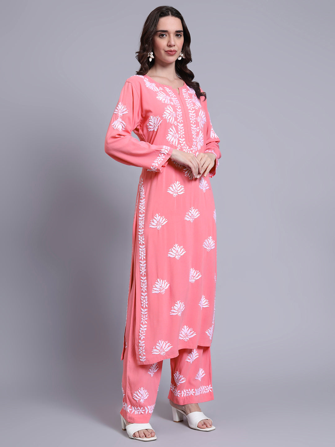 Women Hand Embroidered Chikankari Rayon Kurta Set-AL4084KS Mauve
