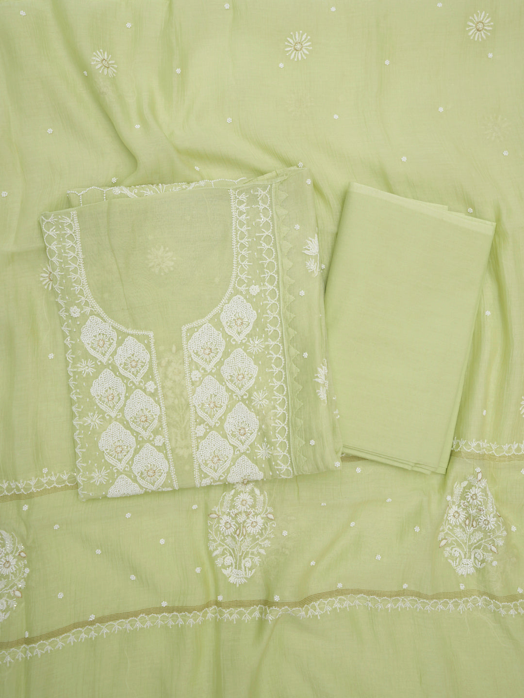 Women Hand Embroidered Premium Chikankari Mul Chanderi Unstitched Kurta Dupatta Bottom Set-ALSCA85201FS Mint