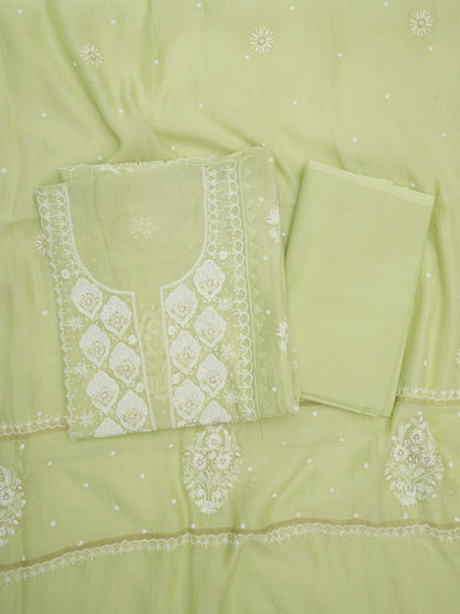 Women Hand Embroidered Premium Chikankari Mul Chanderi Unstitched Kurta Dupatta Bottom Set-ALSCA85201FS Mint