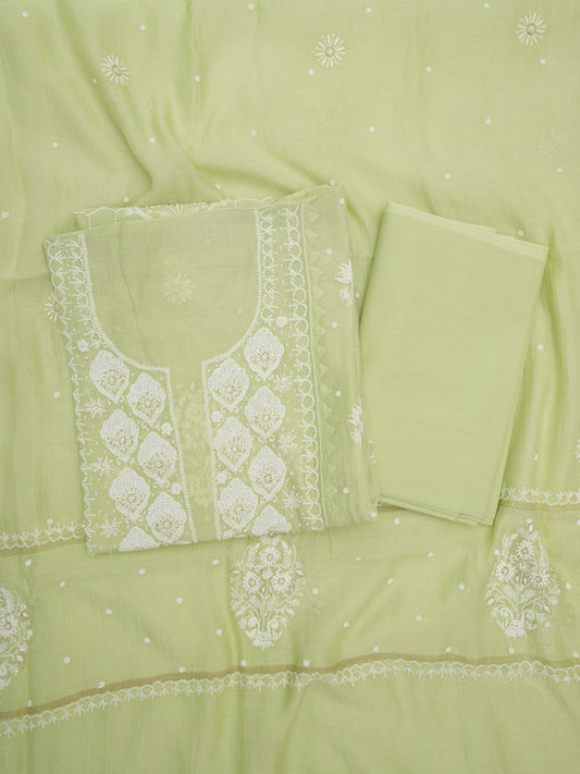 Women Hand Embroidered Premium Chikankari Mul Chanderi Unstitched Kurta Dupatta Bottom Set-ALSCA85201FS Mint