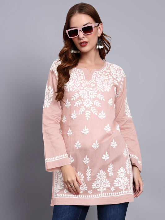 Women Hand Embroidered Chikankari Mulmul Short Top -AL3724 Peach