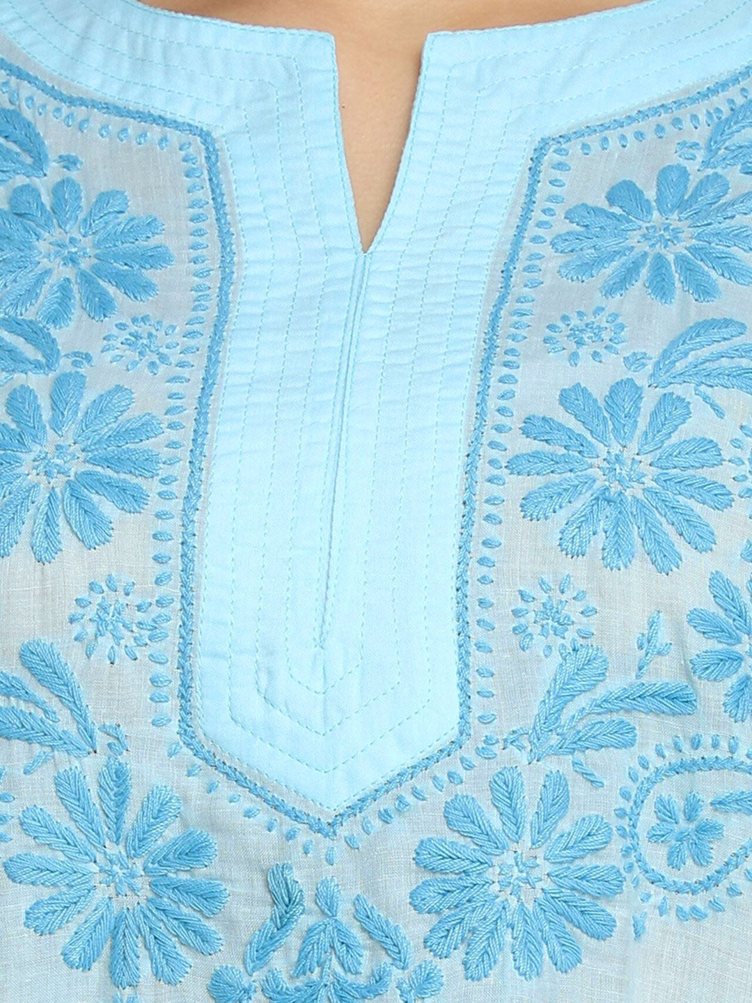 Hand Embroidered Chikankari Cotton Straight Kurti-AL3405 Skyblue