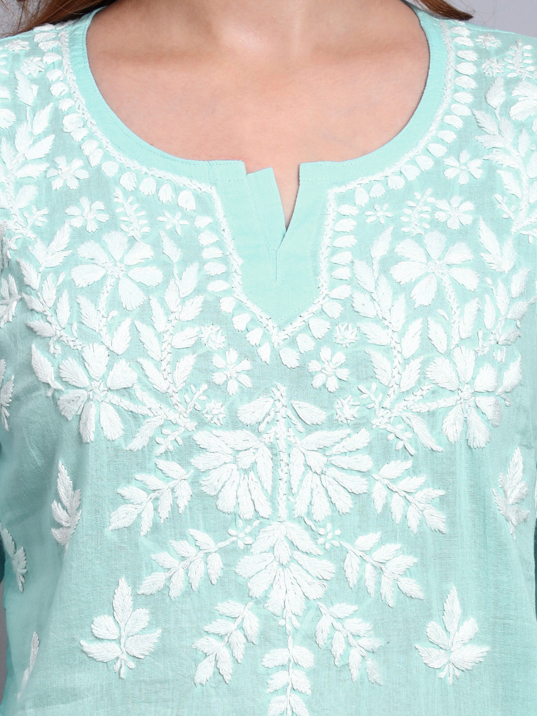 Women Hand Embroidered Chikankari Mulmul Short Top -AL3724 Seagreen