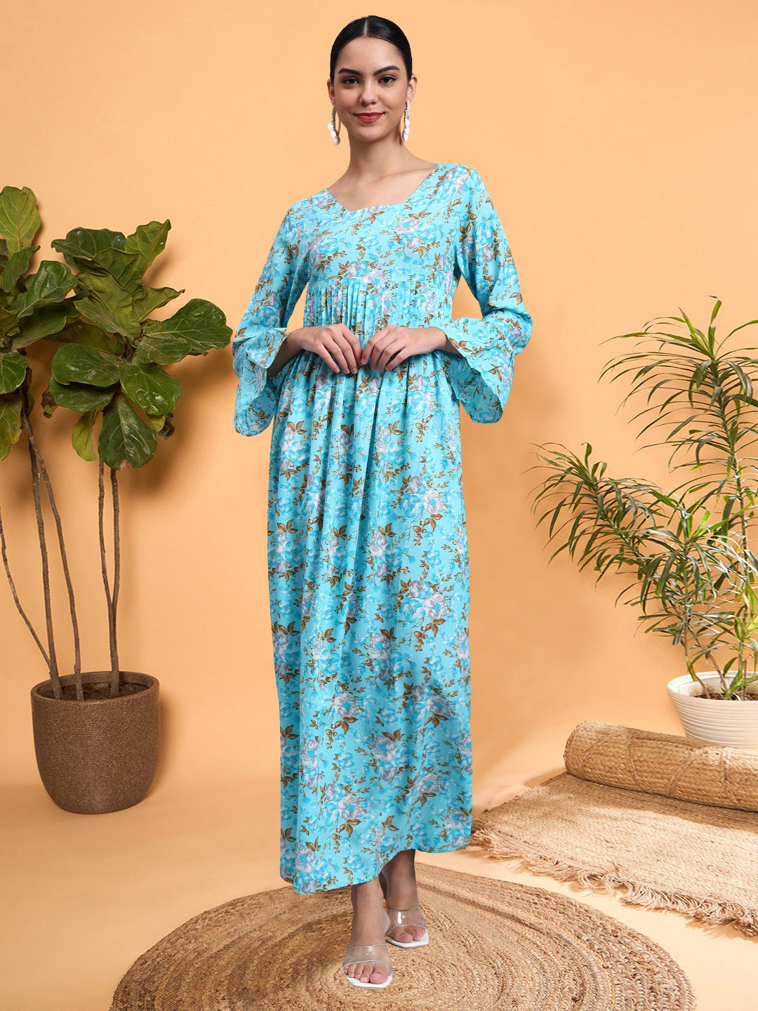 Women Green Floral Printed Cotton Jalabiya with Flared Sleeves & Round Neckline-AL4045 Turquoise
