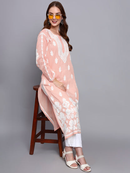 Women Hand Embroidered Chikankari Mulmul Kurti -AL3723 Peach