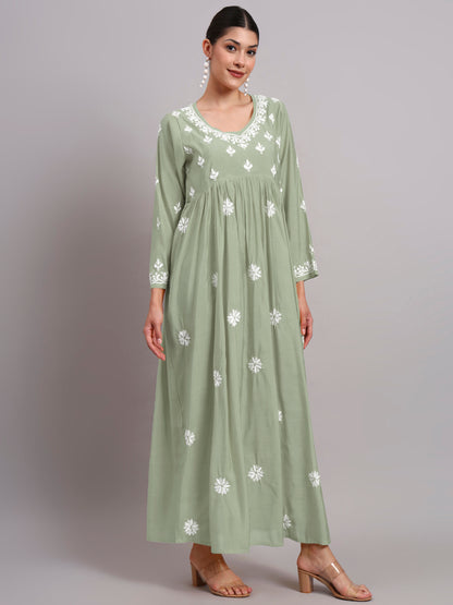 Hand Embroidered Chikankari Chanderi Jalabiya-AL4087 Green