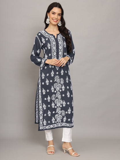 Women Hand Embroidered Chikankari Modal Straight Kurta-AL4042 Grey