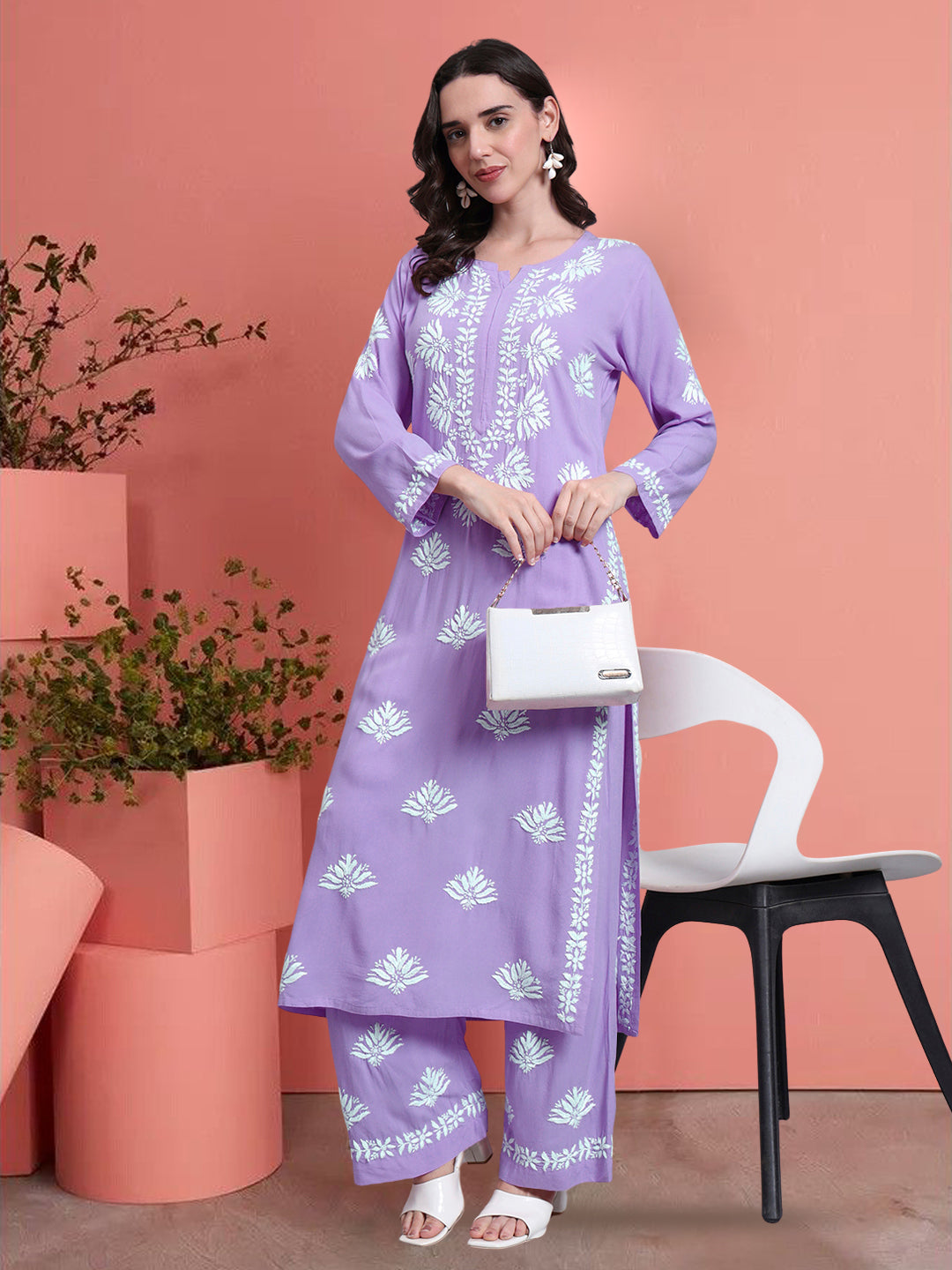 Women Hand Embroidered Chikankari Rayon Kurta Set-AL4084KS Mauve