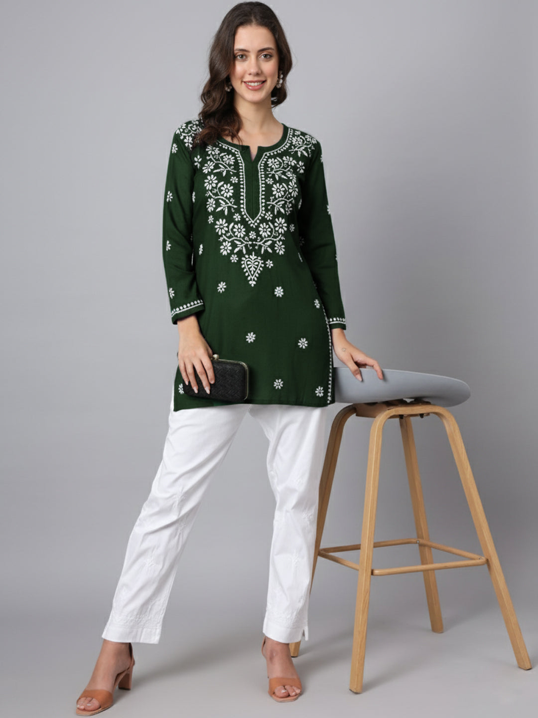 Women Hand Embroidered Modal Chikankari Kurti-AL3611 Bottle Green