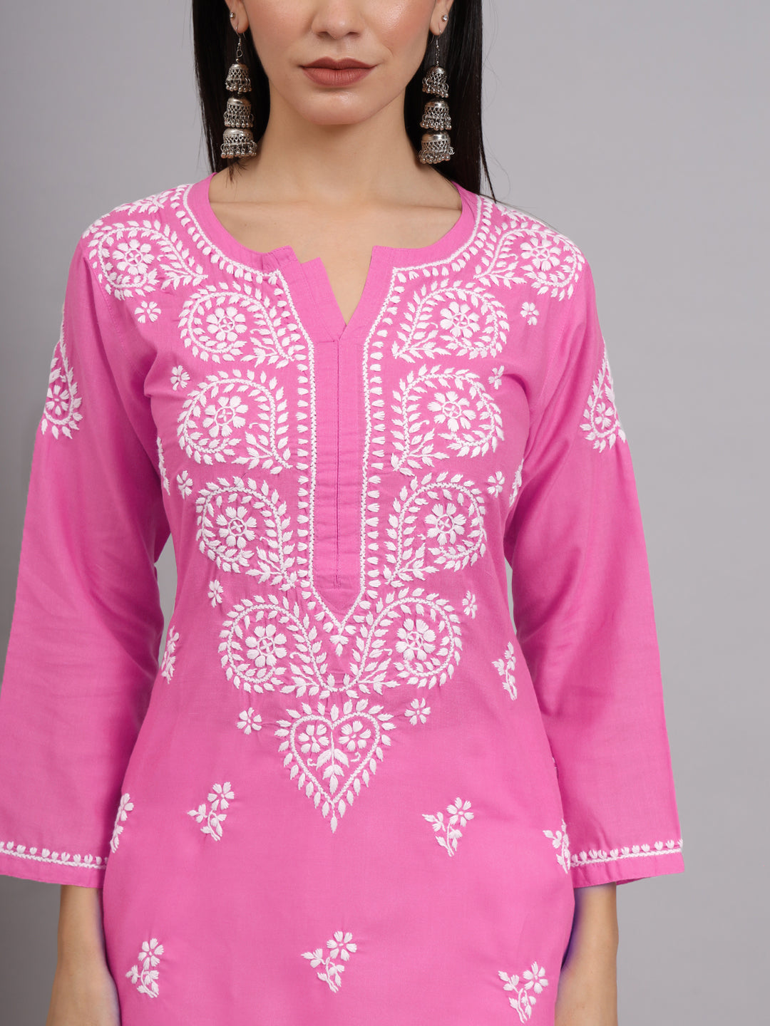 Hand Embroidered Chikankari Cotton Straight Kurta-AL3997 Dark Pink