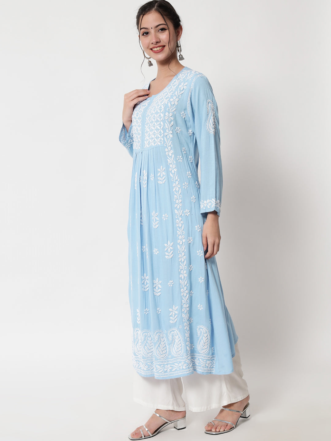 Women Hand Embroidered Chikankari Rayon Kurta-AL3549 Lightskyblue