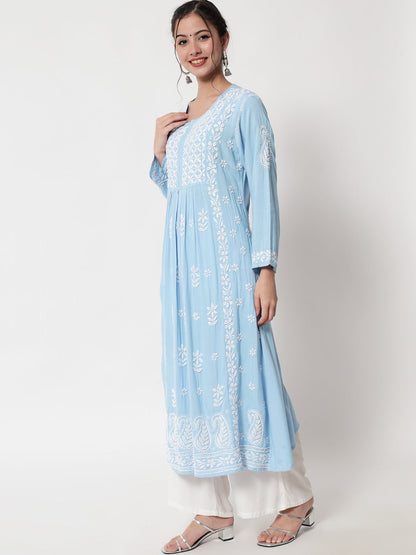 Women Hand Embroidered Chikankari Rayon Kurta-AL3549 Lightskyblue