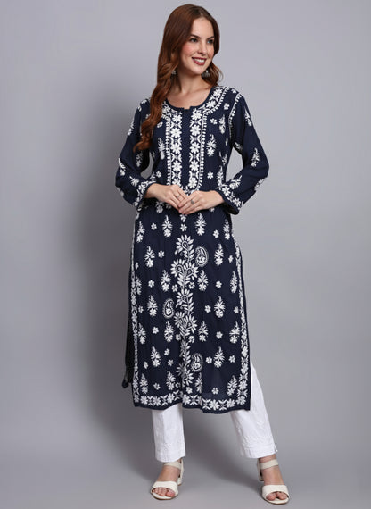 Women Hand Embroidered Chikankari Modal Straight Kurta-AL4042 Navy