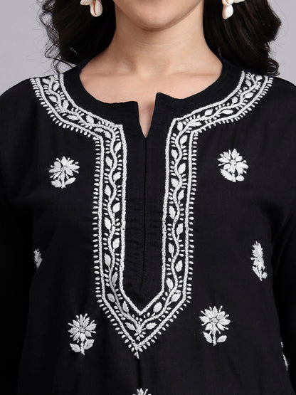 Women Hand Embroidered Chikankari Cotton Kurta-AL3999 Black