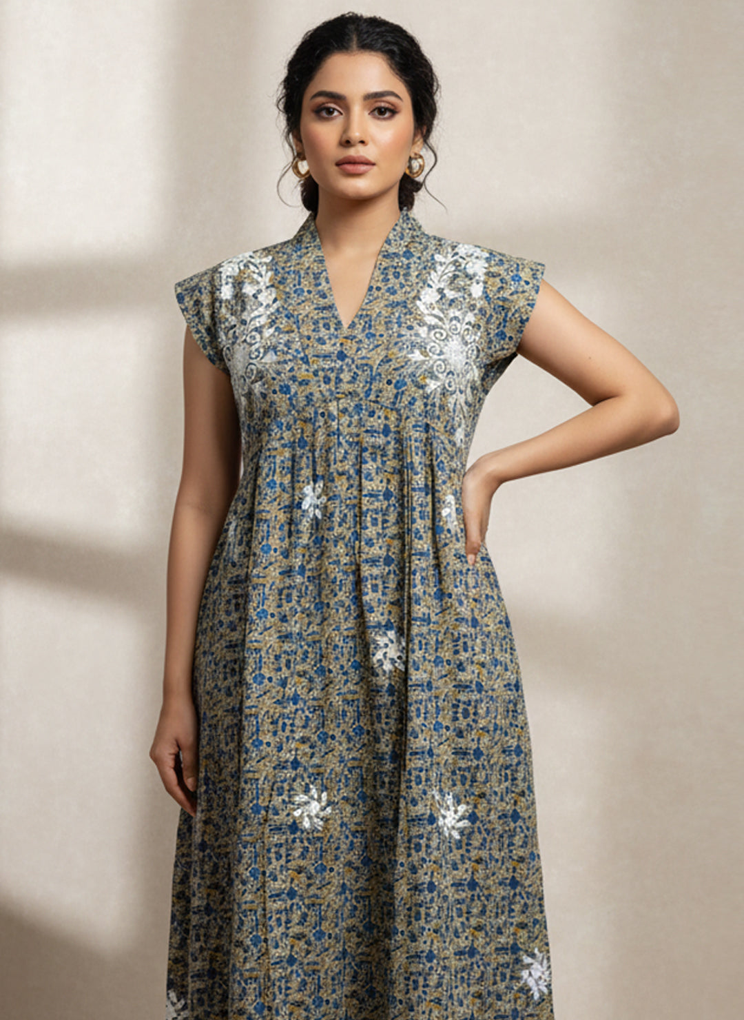 Women Printed Embroidered Cotton Jalabiya with Cap Sleeves-AL3697C Blue