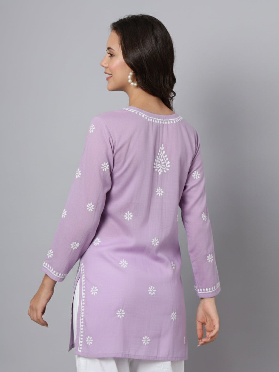 Women Hand Embroidered Modal Chikankari Kurti-AL3611 Lavender