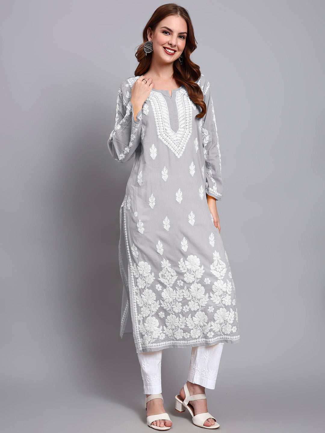 Women Hand Embroidered Chikankari Mulmul Kurti -AL3723 Grey
