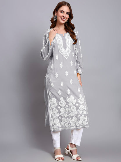 Women Hand Embroidered Chikankari Mulmul Kurti -AL3723 Grey