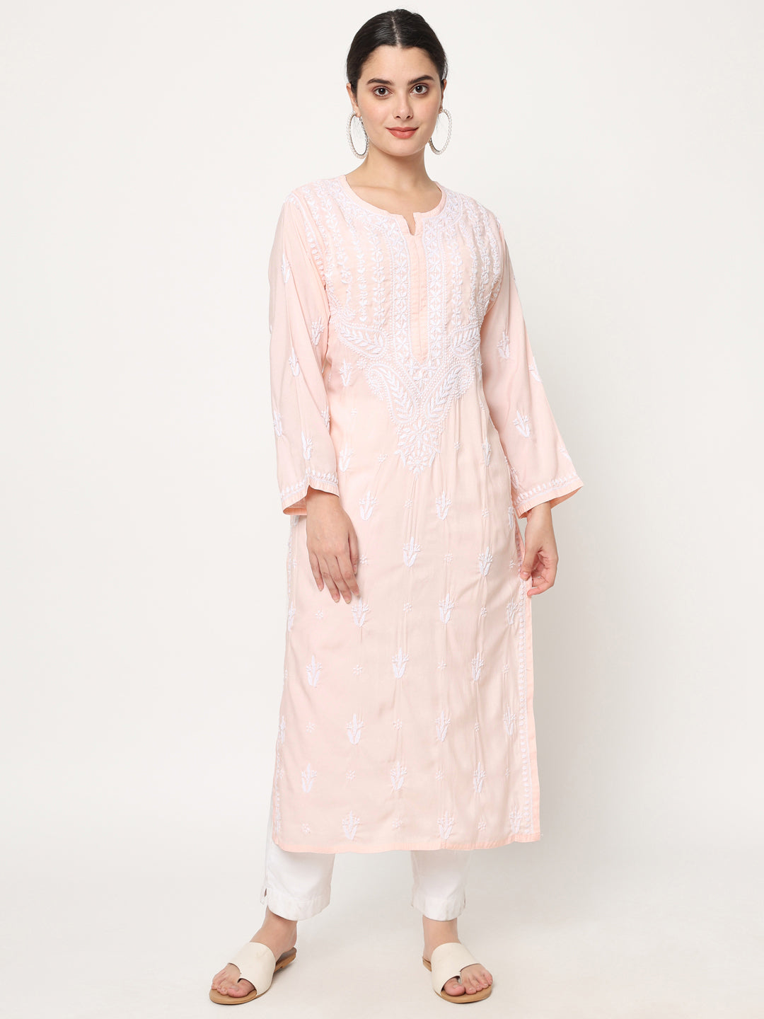 Women Hand Embroidered Chikankari Modal Kurta-AL3584 Peach