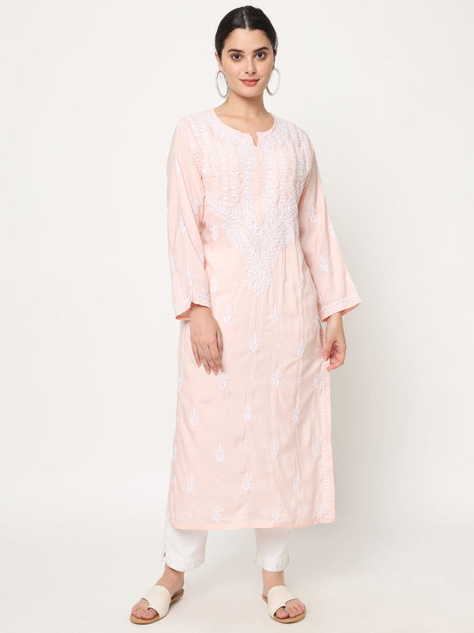 Women Hand Embroidered Chikankari Cotton Kurta-AL3584 Peach