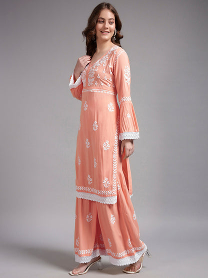 Women Hand Embroidered Lucknowi Chikankari Rayon Kurta Set-AL4077KS Peach