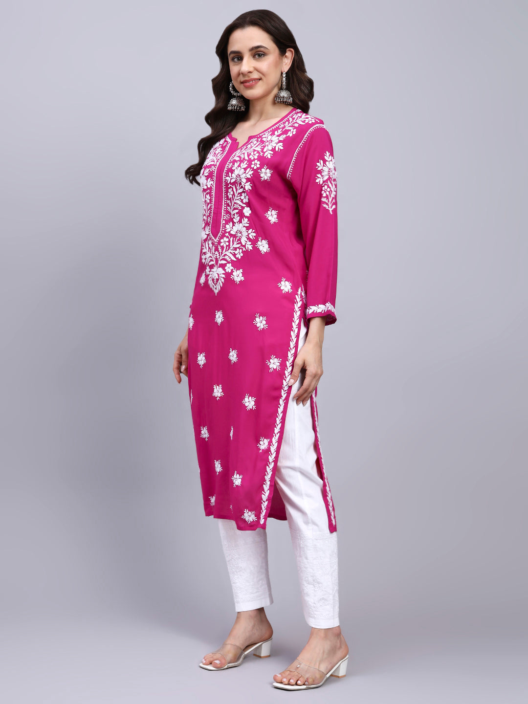 Women Hand Embroidered Chikankari Modal Kurta-AL4059 Magenta