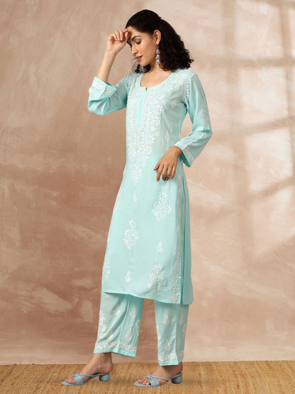 Women Hand Embroidered Chikankari Modal Kurta Set-AL3600KS Seagreen