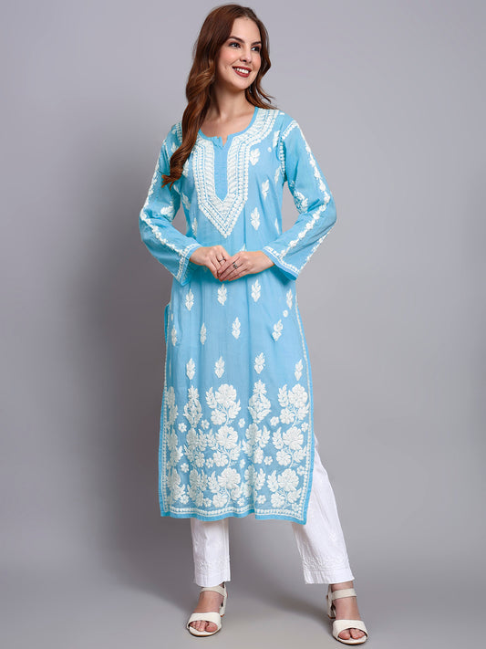 Women Hand Embroidered Chikankari Mulmul Kurti -AL3723 Blue