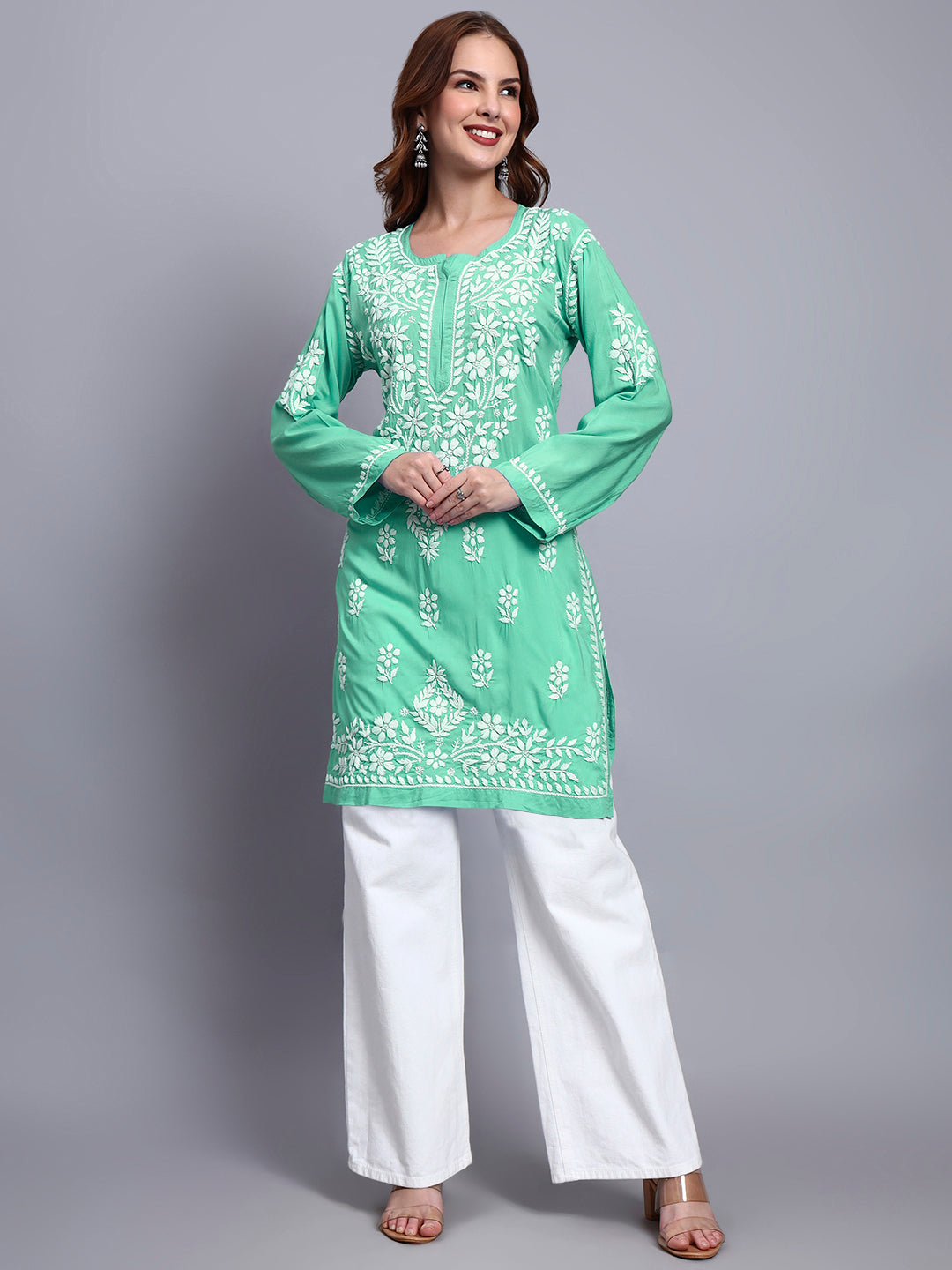 Women Hand Embroidered Chikankari Modal Kurti -AL3702 Lightgreen