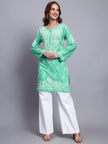 Women Hand Embroidered Chikankari Modal Kurti -AL3702 Lightgreen