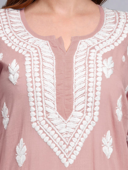 Women Hand Embroidered Chikankari Mulmul Kurti -AL3723 Rust