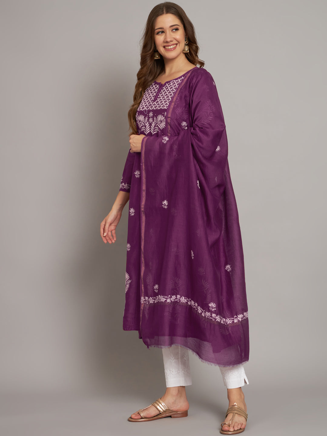 Hand embroidered Chikankari Chanderi Cotton Kurta Set and Dupatta with Mukaish AL3665KS