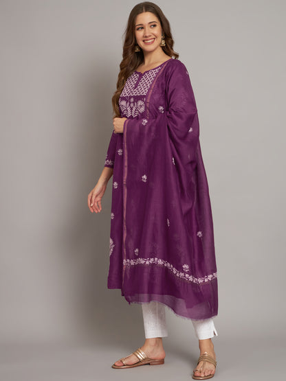 Hand embroidered Chikankari Chanderi Cotton Kurta Set and Dupatta with Mukaish AL3665KS