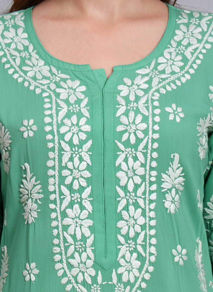 Women Hand Embroidered Chikankari Modal Straight Kurta-AL4042 Mint