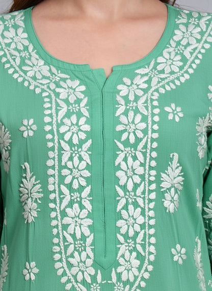 Women Hand Embroidered Chikankari Modal Straight Kurta-AL4042 Mint