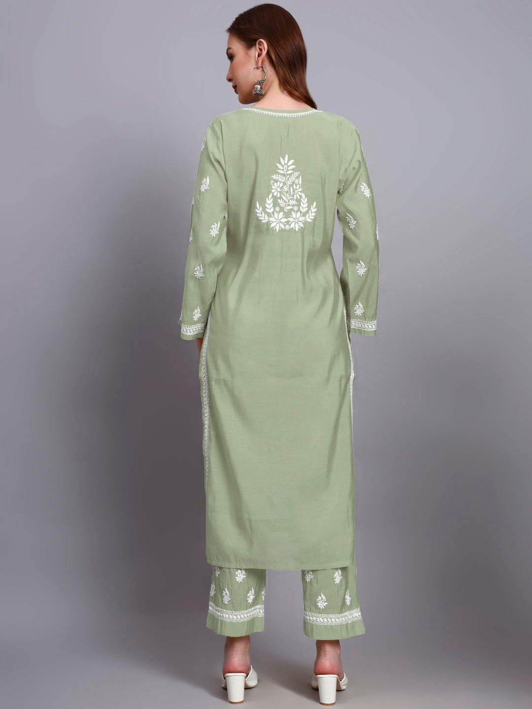 Women Hand Embroidered Chikankari Chanderi Kurta Set-AL4089KS Green