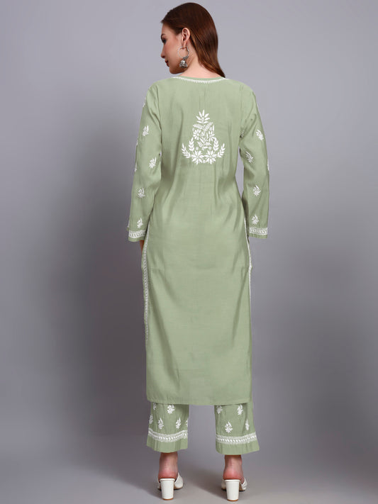 Women Hand Embroidered Chikankari Chanderi Kurta Set-AL4089KS Green