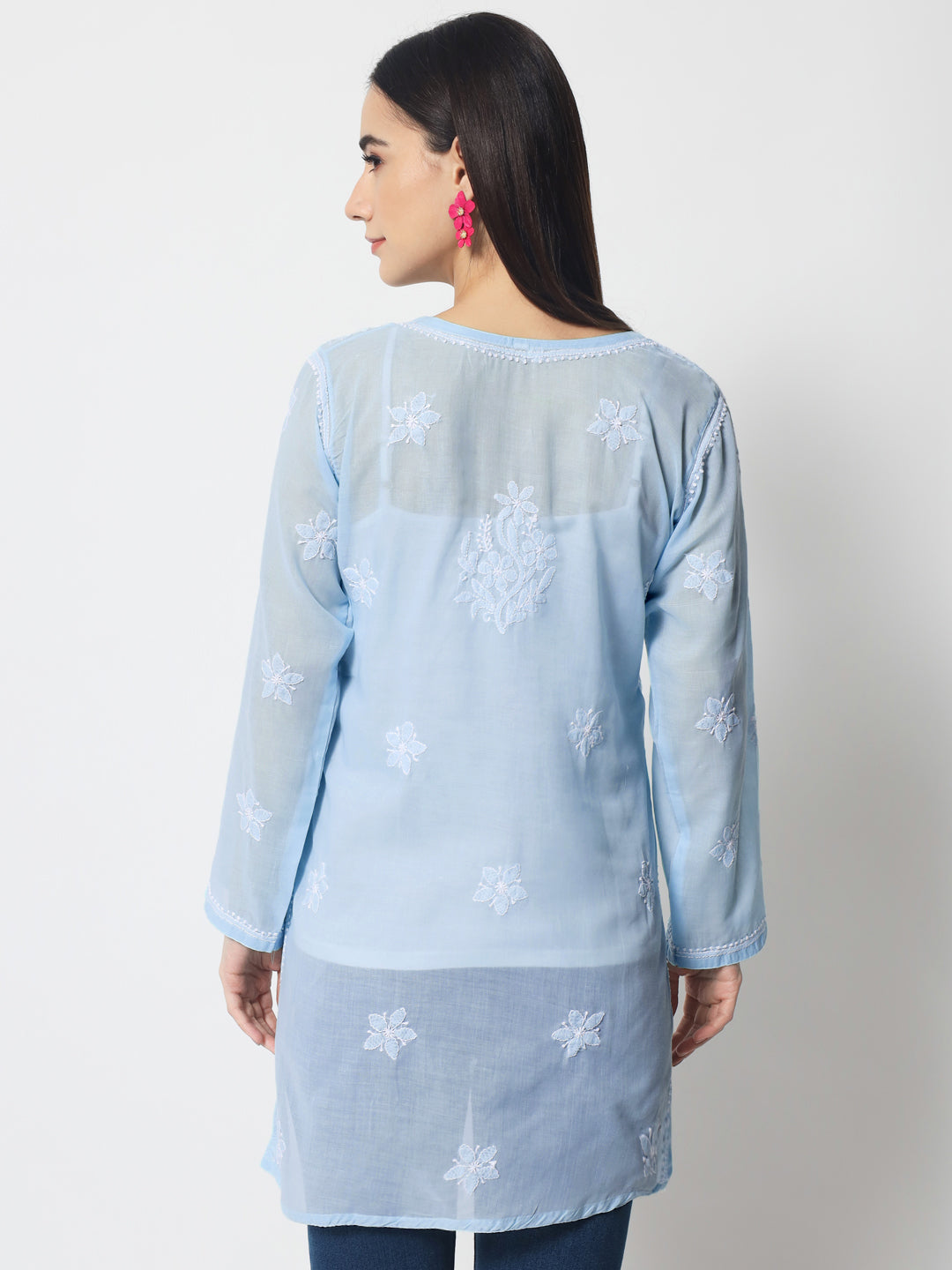 Hand Embroidered Chikankari Cotton Straight Tunic-AL3591 Blue