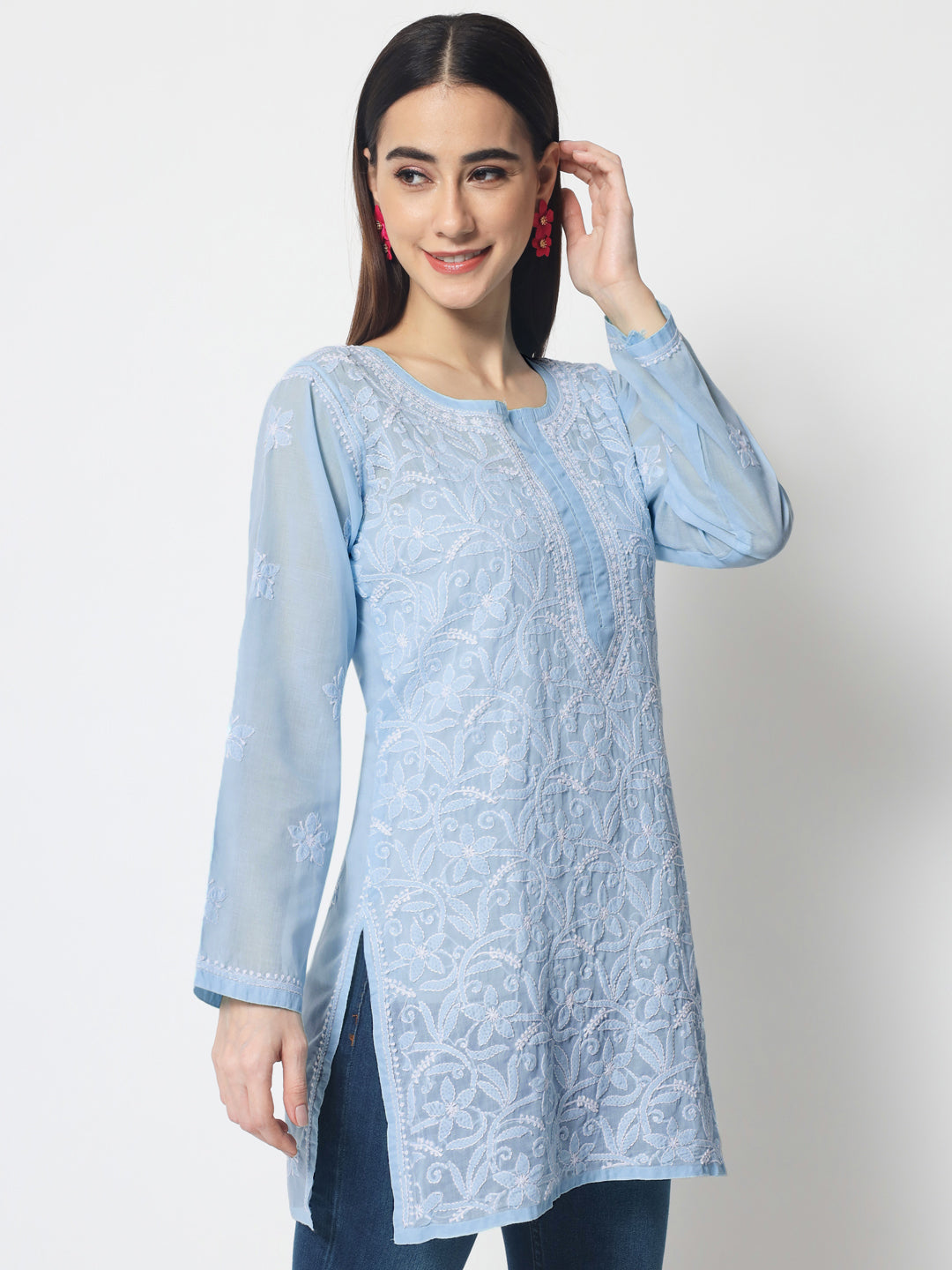 Hand Embroidered Chikankari Cotton Straight Tunic-AL3591 Blue